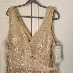 ✨️NWT Christina Wu Style 22754 Champagne Tulle Gold Sequin Dress Sz 28